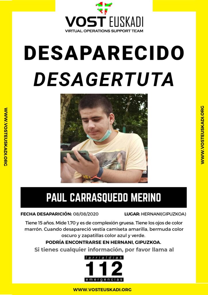Paul Carrasquedo Buscan a un menor desaparecido hoy en Hernani
