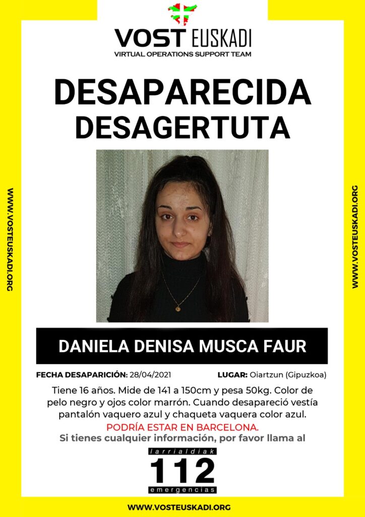 Daniela (Búsqueda desactivada) Se busca a una menor desaparecida ayer en Oiartzun