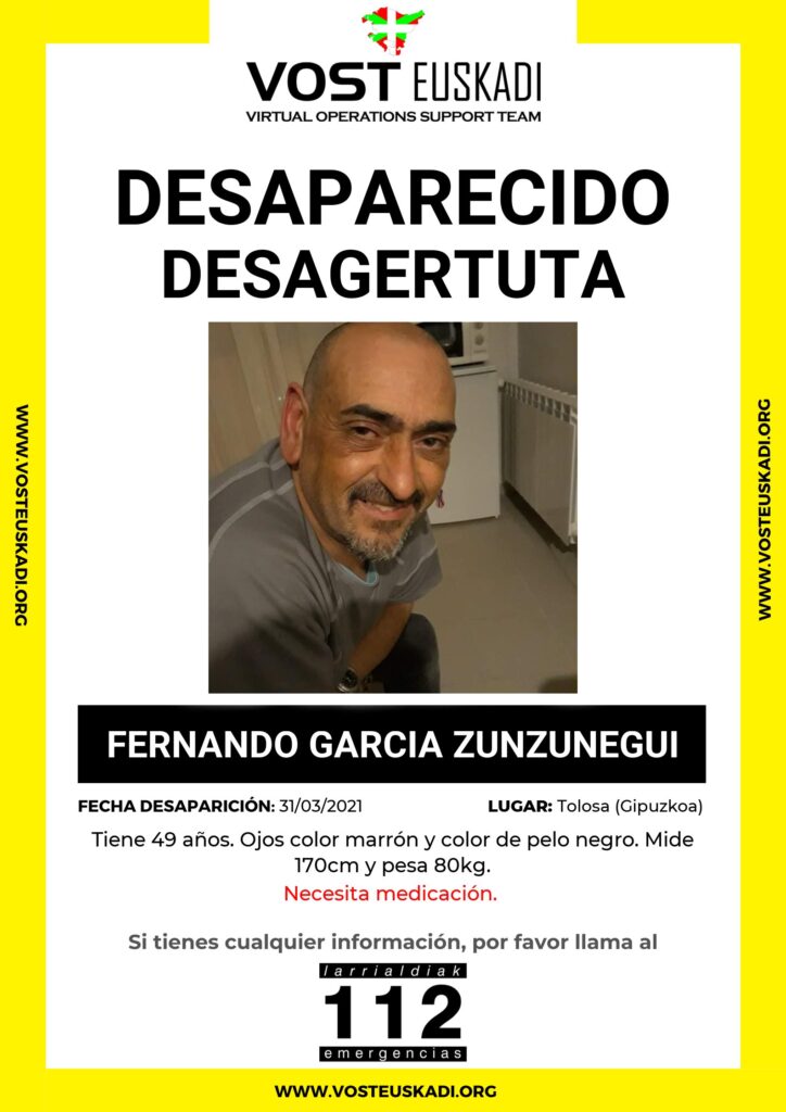 Garcia Zunzunegui Desaparecido un hombre desde el 31 de marzo en Tolosa