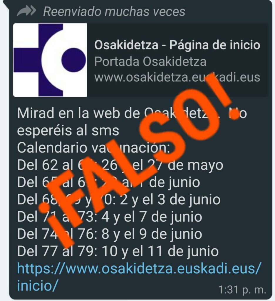 whatsapp falso Vacunación: Osakidetza alerta de mensajes falsos por whatsapp