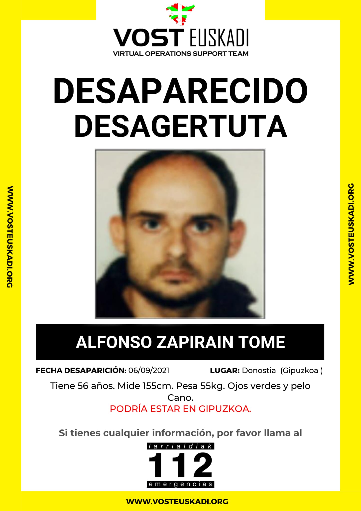 Alfonso Zapirain (Ya encontrado) Buscan a un hombre desaparecido en Donostia el 6 de septiembre