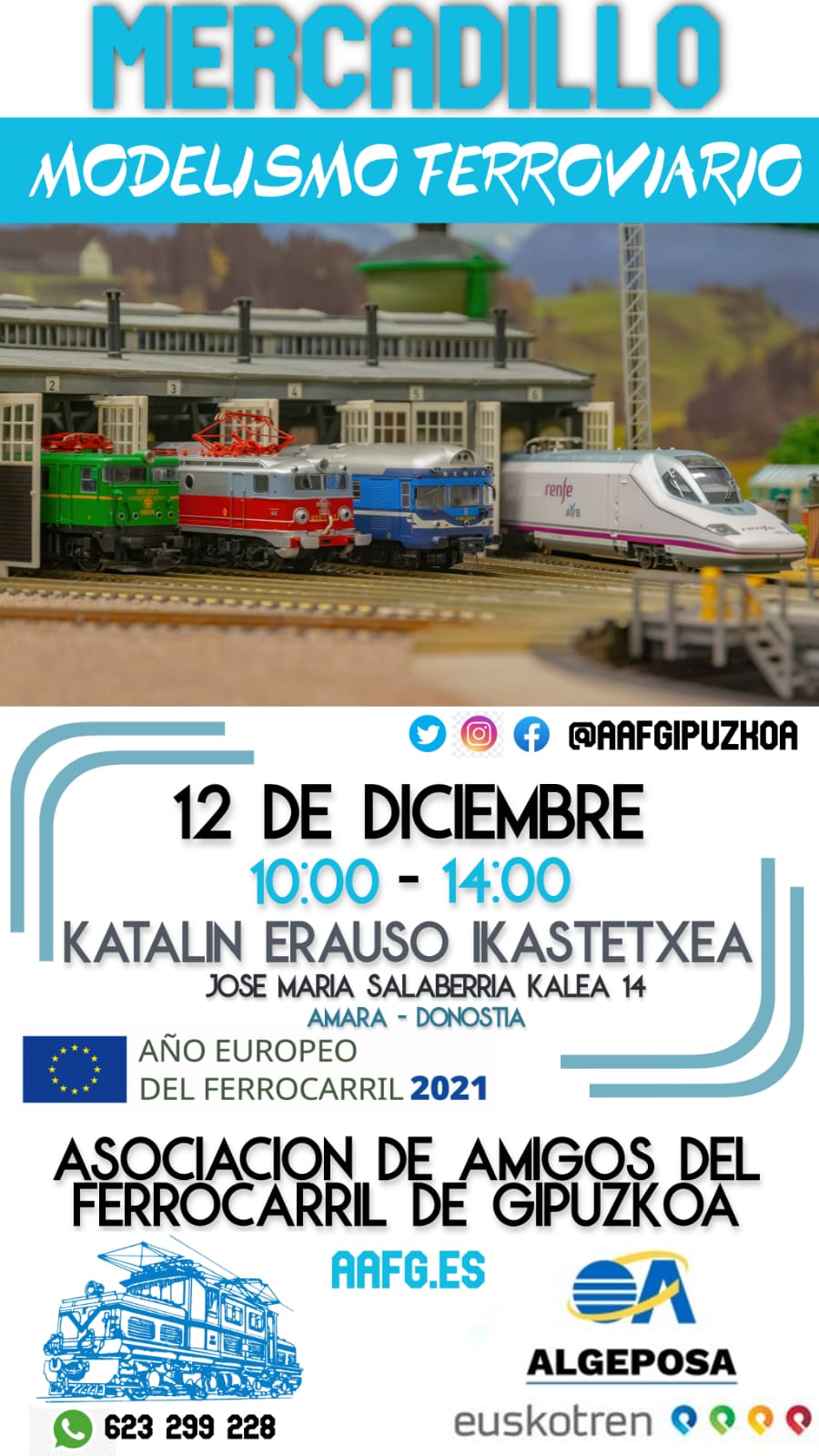 cartel trenes Mercadillo de los amigos del ferrocarril en el colegio Katalina de Erauso