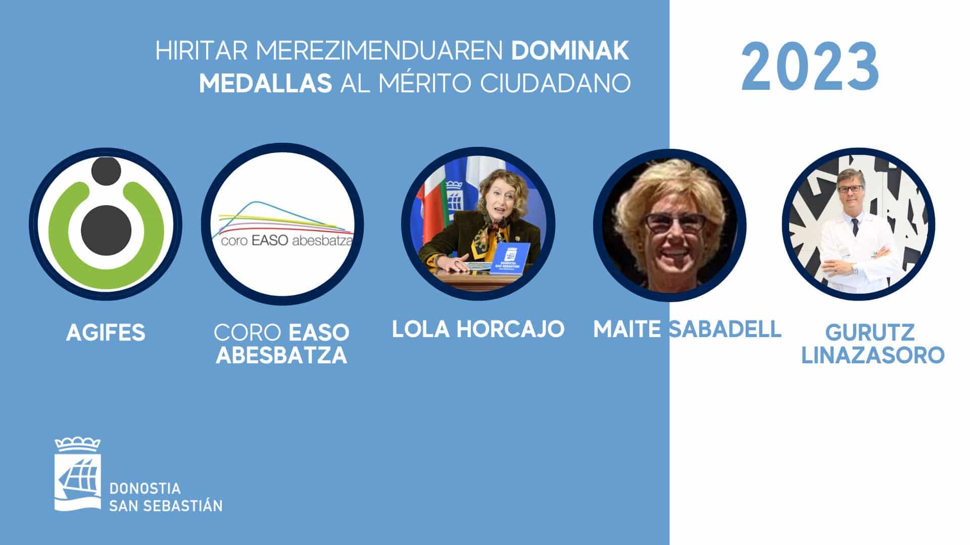 Medallas - Medallas al mérito ciudadano para AGIFES, Coro Easo, Lola Horcajo, Maite Sabadell y Gurutz Linazasoro