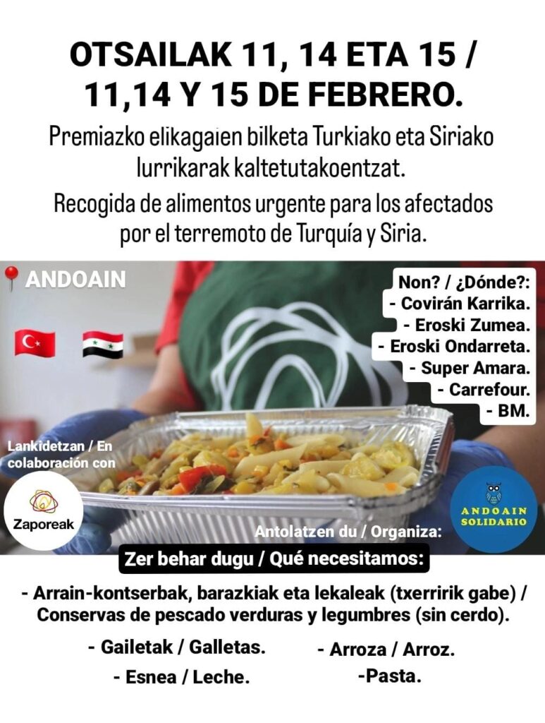 IMG 20230209 WA0023 1 Andoain colabora con Zaporeak para ayudar a las víctimas de los terremotos