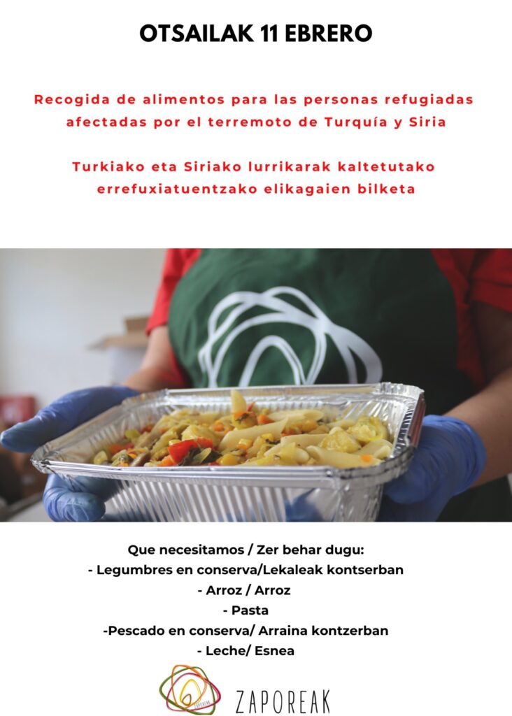Zapo Zaporeak recogerá alimentos en Donostia este sábado para las víctimas del terremoto de Turquía