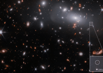 El equipo miró más de 13.000 millones de años atrás para descubrir una galaxia enana muy poco brillante que podría ayudar a los astrónomos a saber más sobre las galaxias que existían poco después del Big Bang. Los 3 círculos de la imagen en color son las 3 imágenes de la galaxia lejana aumentada por el cúmulo de galaxias brillantes que se encuentran en primer plano. (ESA/Webb, NASA & CSA, P. Kelly).
