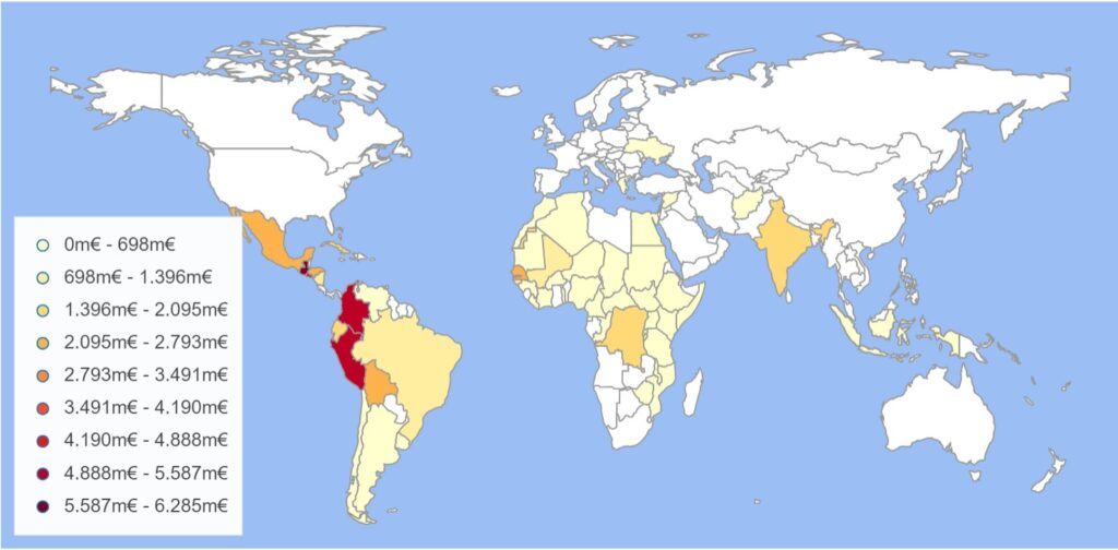 Mapa de la distribucion de los fondos Las instituciones vascas destinaron 81 millones en 2022 a iniciativas solidarias en 68 países