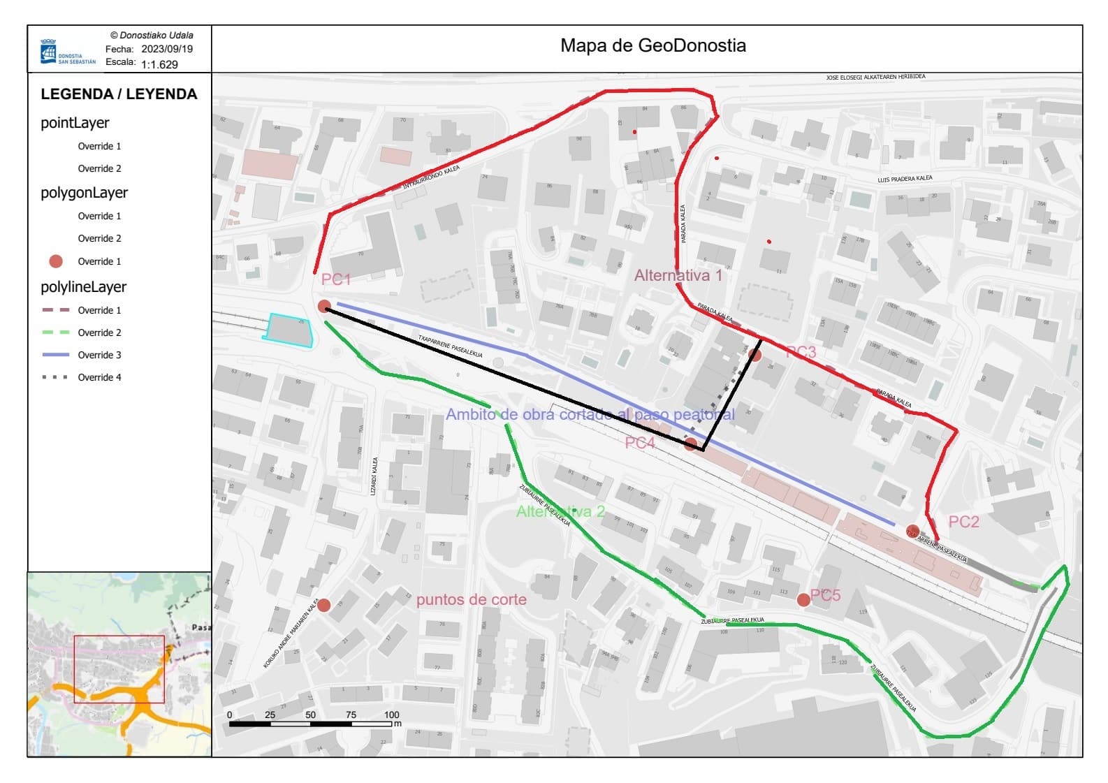 Plano de las alternativas para el transito peatonal durante las obras en el tunel - El túnel de Txaparrene se cierra dos meses por obras