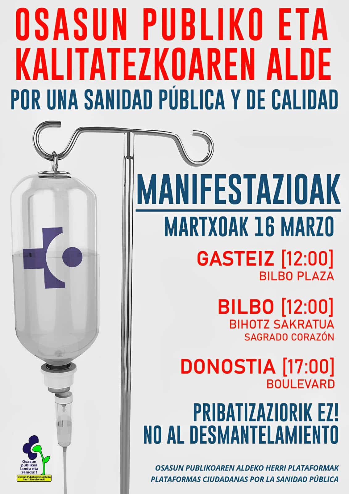 OPA Manifa marzo Cartel - Movilizaciones contra el "desmantelamiento" de Osakidetza este sábado en las 3 capitales vascas