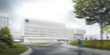 Fotomontaje del nuevo edificio de Consultas Externas en el Hospital Universitario Donostia. Foto: Irekia