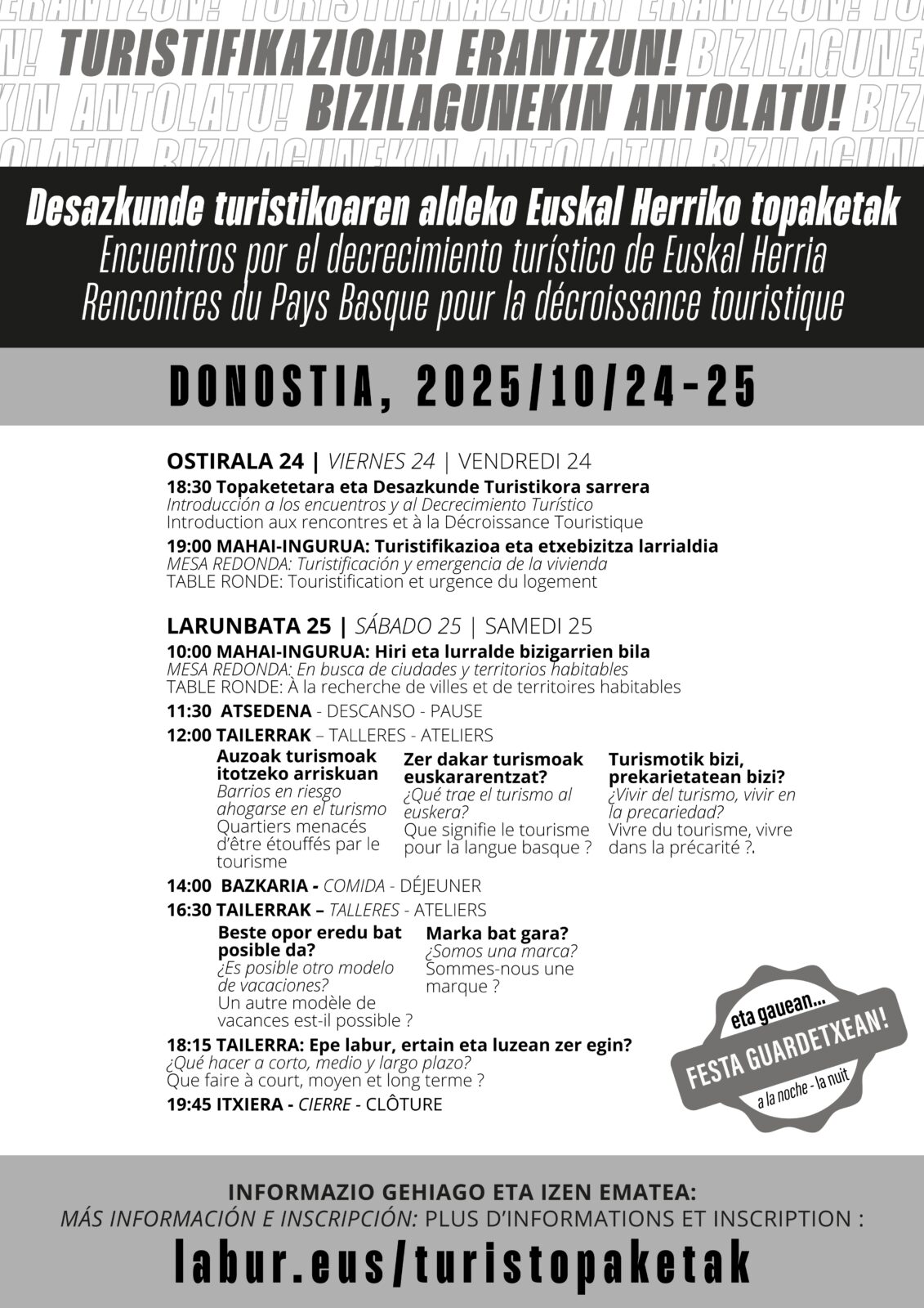 Topaketak EGITARAUA Donostia acogerá los Encuentros por el Decrecimiento Turístico de Euskal Herria los días 24 y 25 de octubre