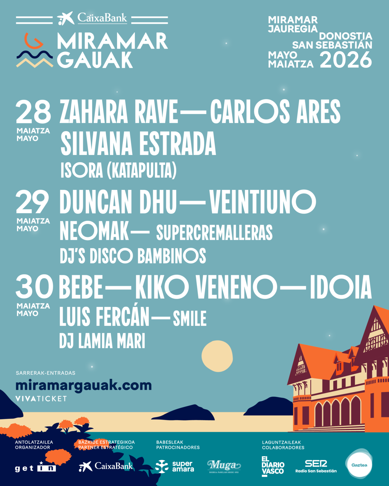 CartelMiramar El festival Miramar Gauak regresa del 28 al 30 de mayo al Palacio Miramar con Zahara, Bebe, Mikel Erentxun y Kiko Veneno