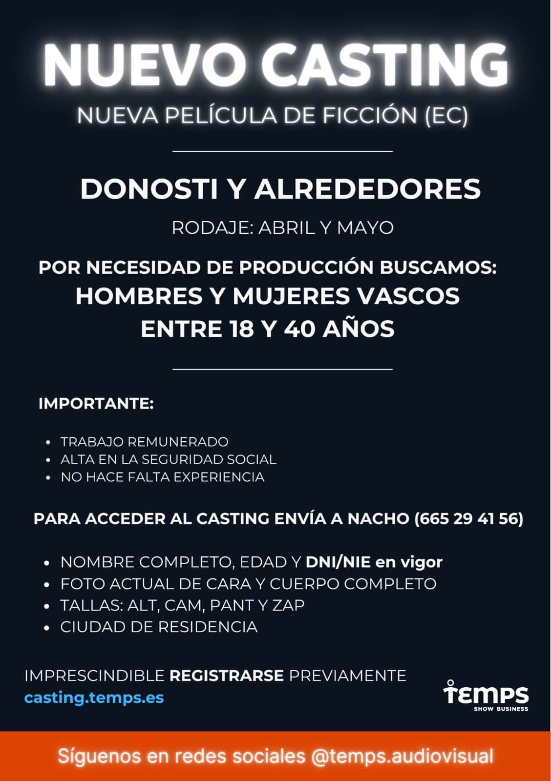 NUEVO CASTING EC Buscan hombres y mujeres de entre 18 y 40 años para un casting en Donostia y alrededores